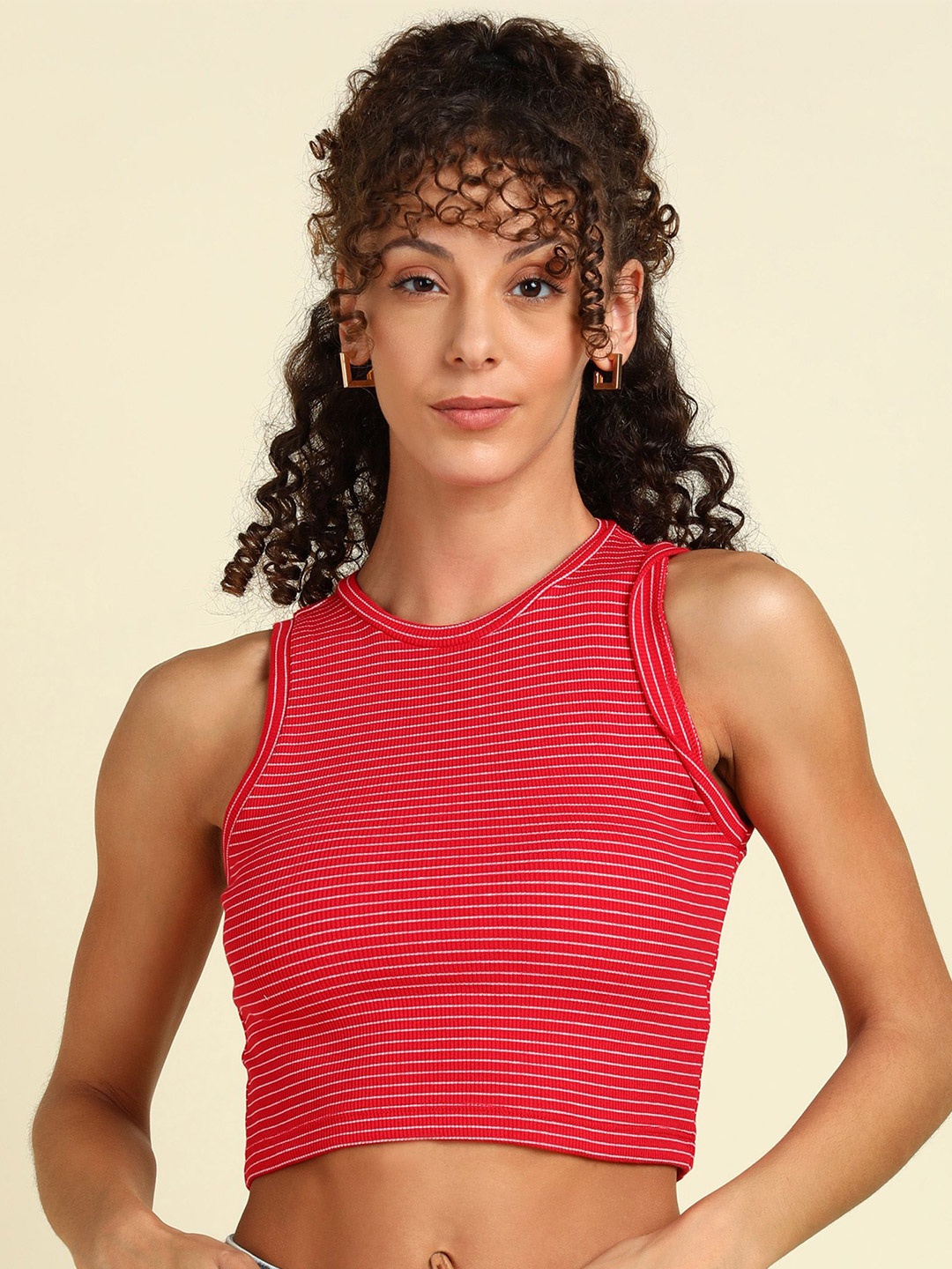 

SAFFE Women Striped Fitted Crop Top, Red