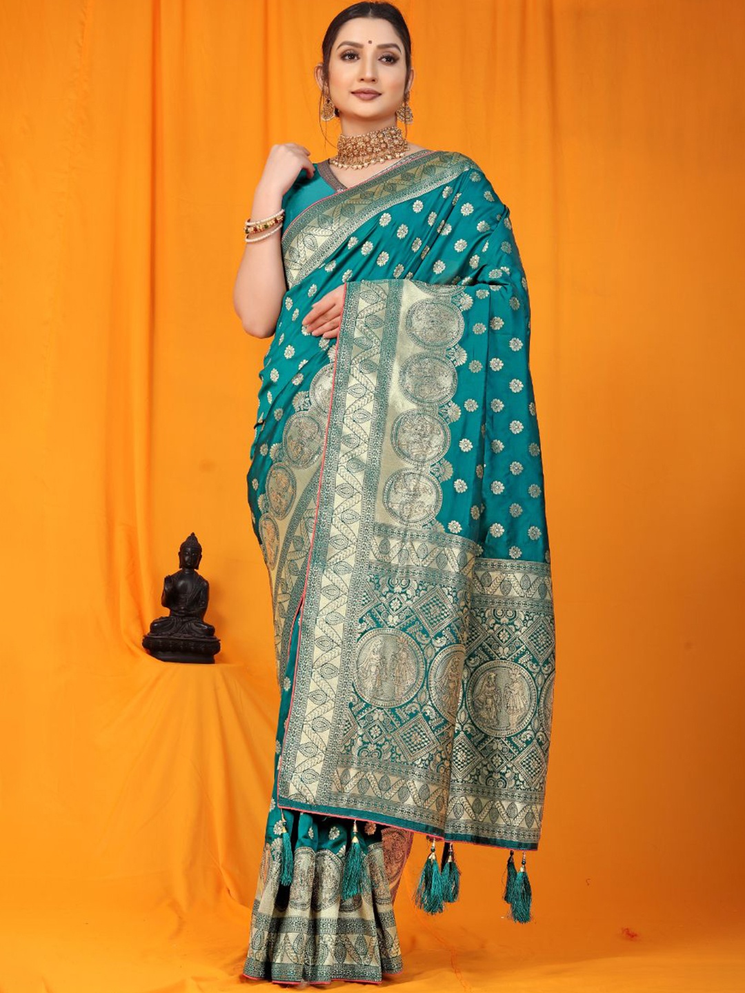 

Royal Rajgharana Saree Woven Design Zari Pure Silk Banarasi Sarees, Teal