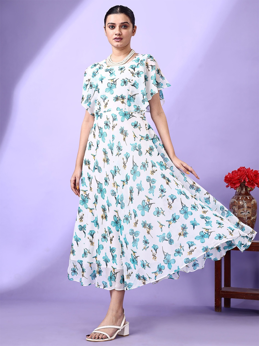 

Fashion2wear Floral Print Flutter Sleeve Georgette Maxi Dress, White