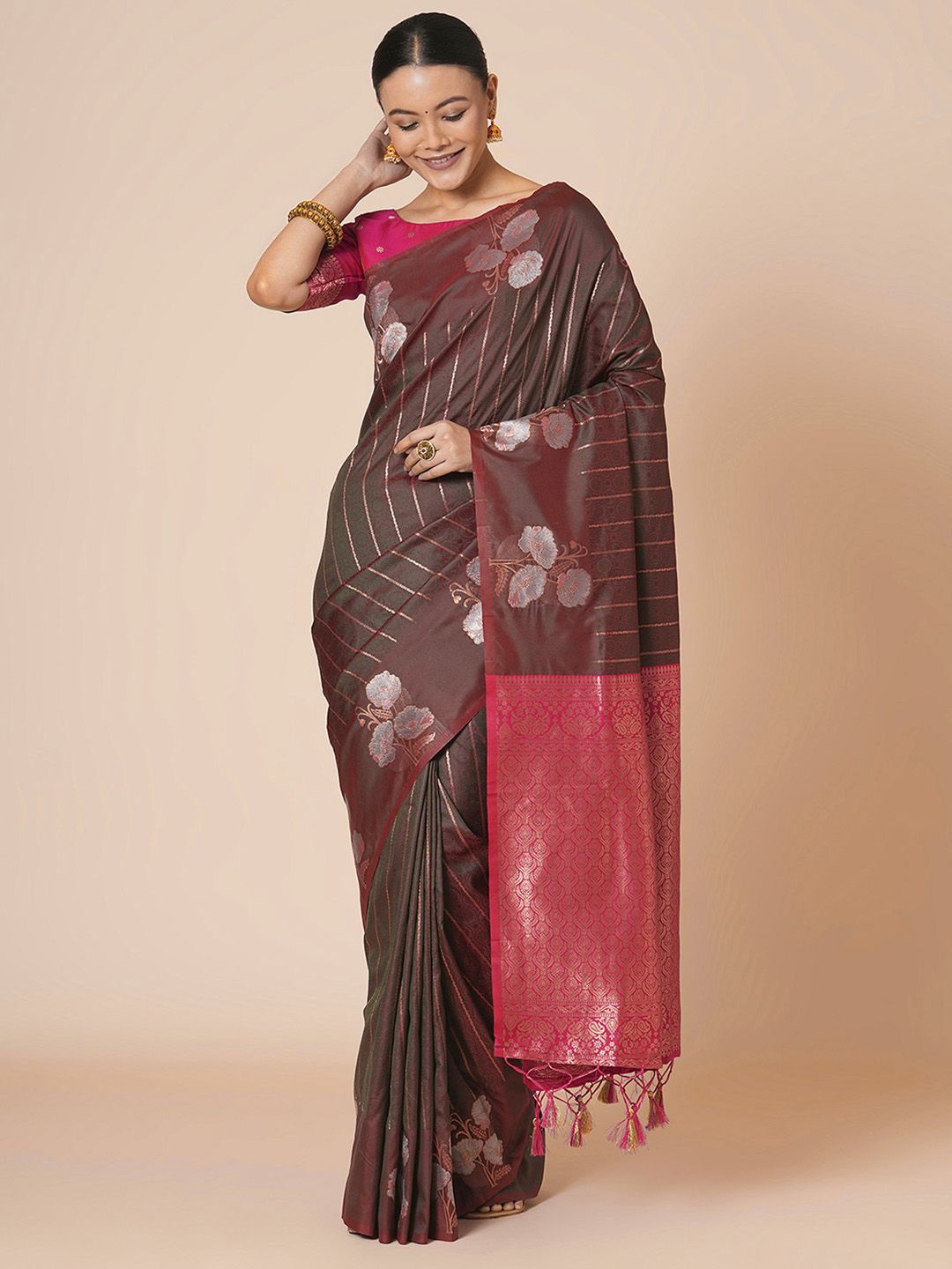 

House of Pataudi Woven Design Zari Banarasi Saree, Burgundy