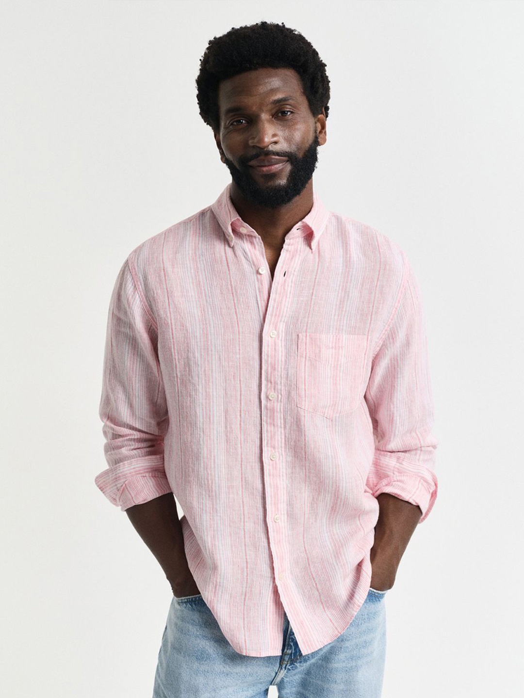 

GANT Men Button-Down Vertical Striped Linen Casual Shirt, Pink