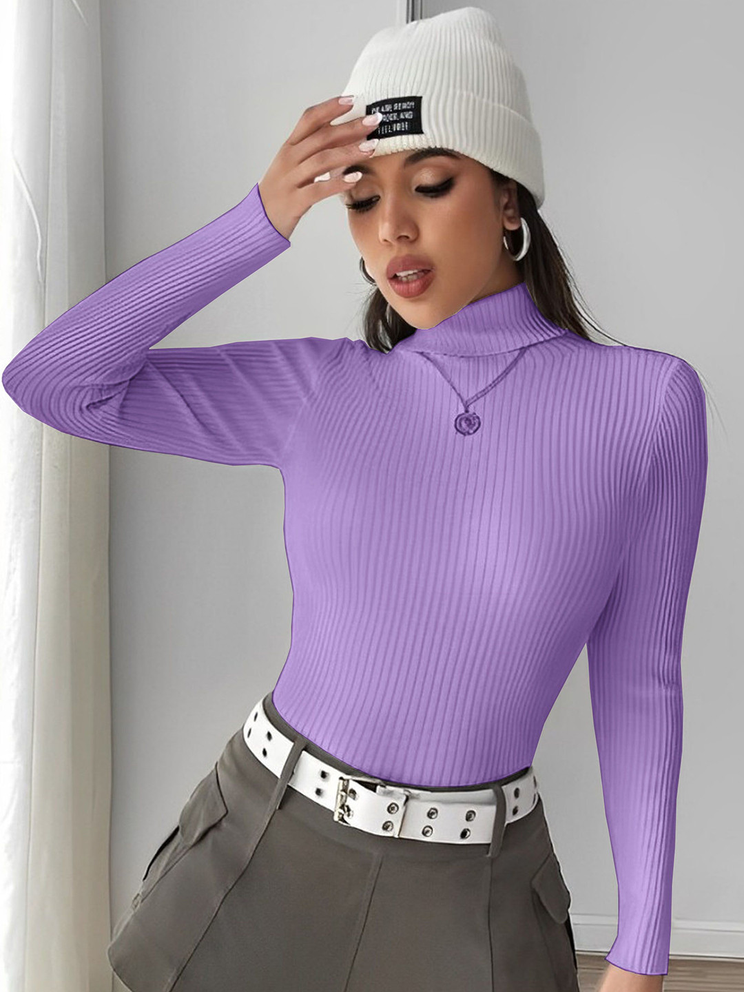 

LECOWAR Women Cotton High Neck Top, Lavender