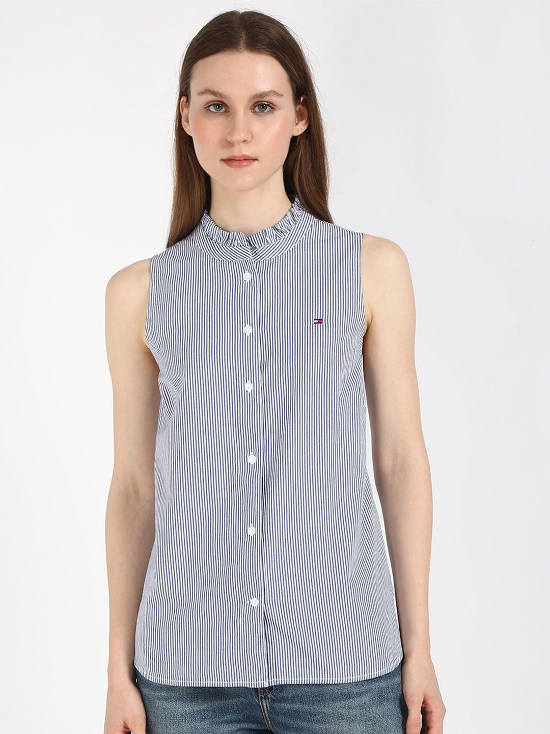 

Tommy Hilfiger Women Striped Sleeveless Frill Cotton Casual Shirt, White