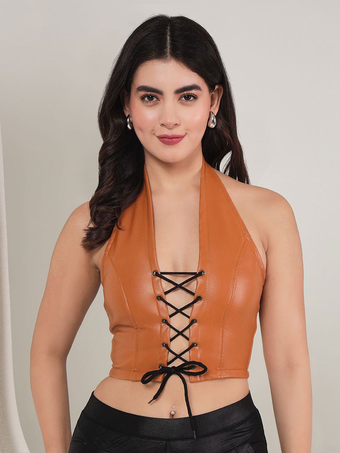 

TANDUL Halter Neck Crop Top, Brown