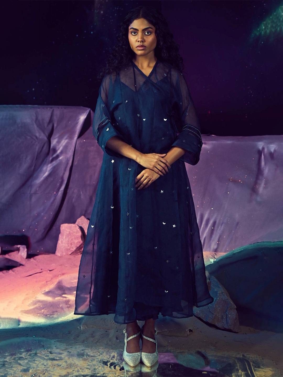 

Baise Gaba Satin Fit & Flare Midi Dress, Navy blue