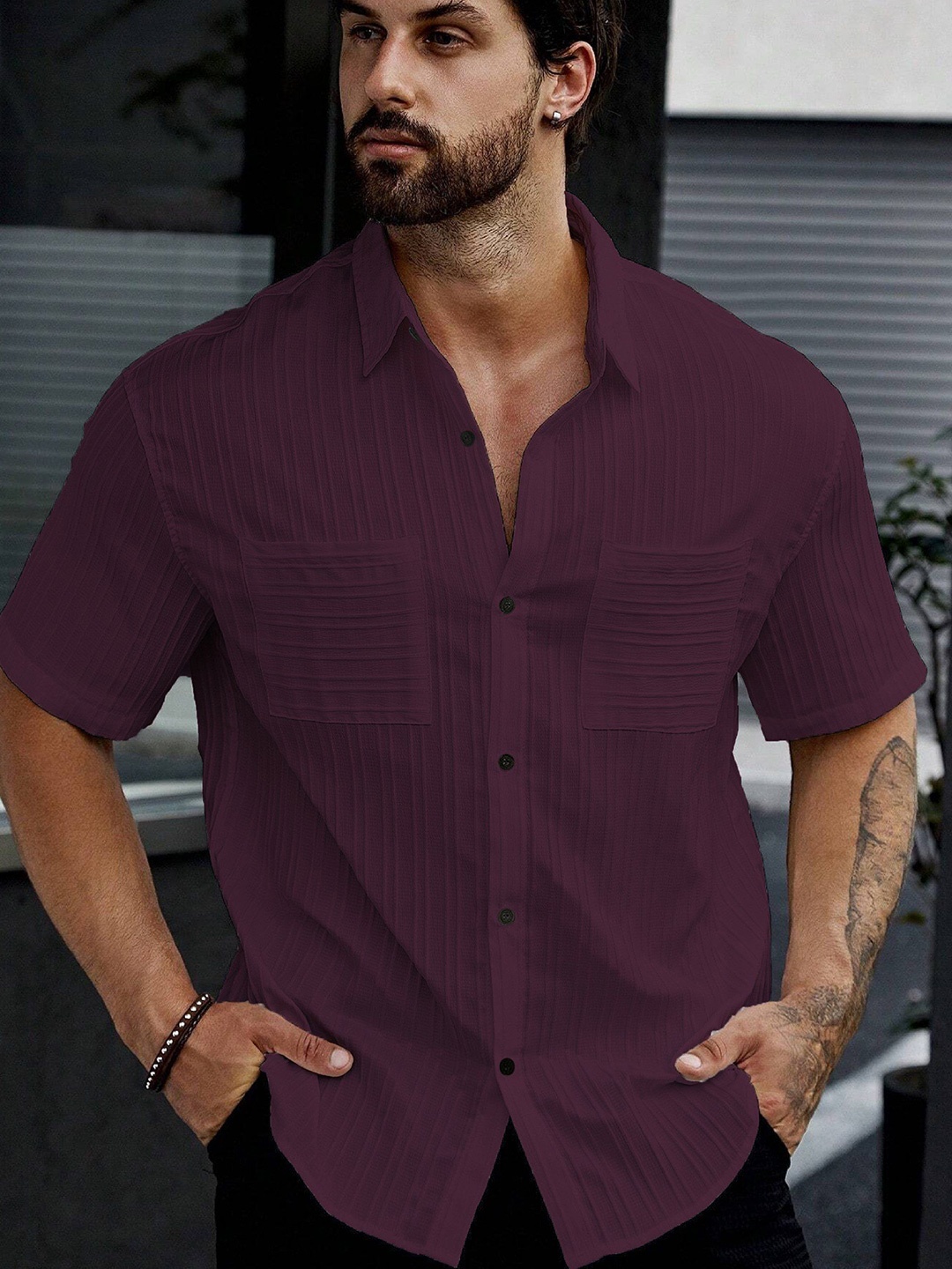 

MARMIC FAB Men Comfort Spread Collar Textured Casual Shirt, Purple