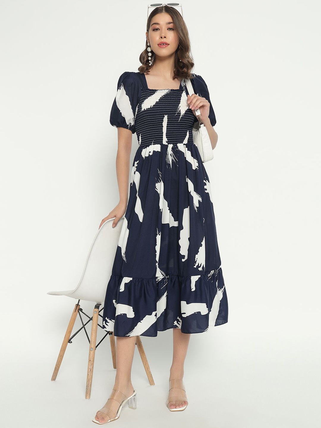 

Femvy Women Printed Square Neck Fit & Flare Puff Sleeves Midi Dress, Navy blue