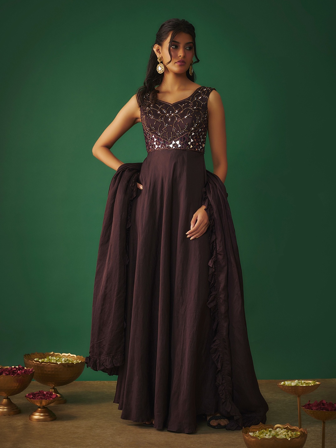 

Mehak Murpana Embellished Satin Maxi Dress, Maroon