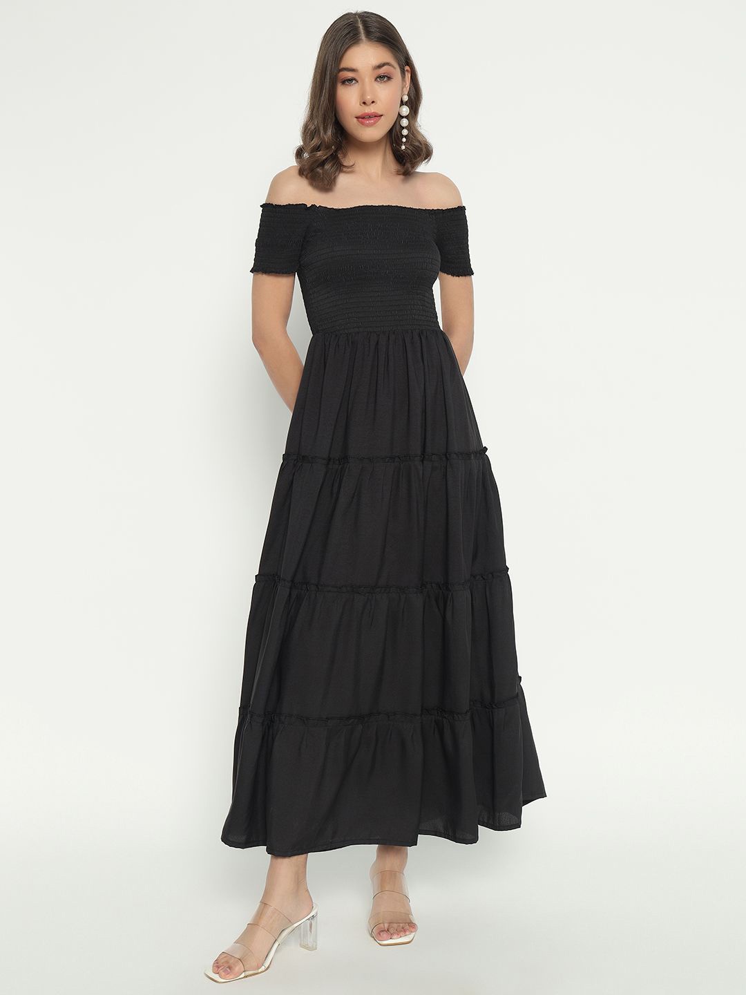 

Femvy Women Off-Shoulder Tiered Fit & Flare Maxi Dress, Black