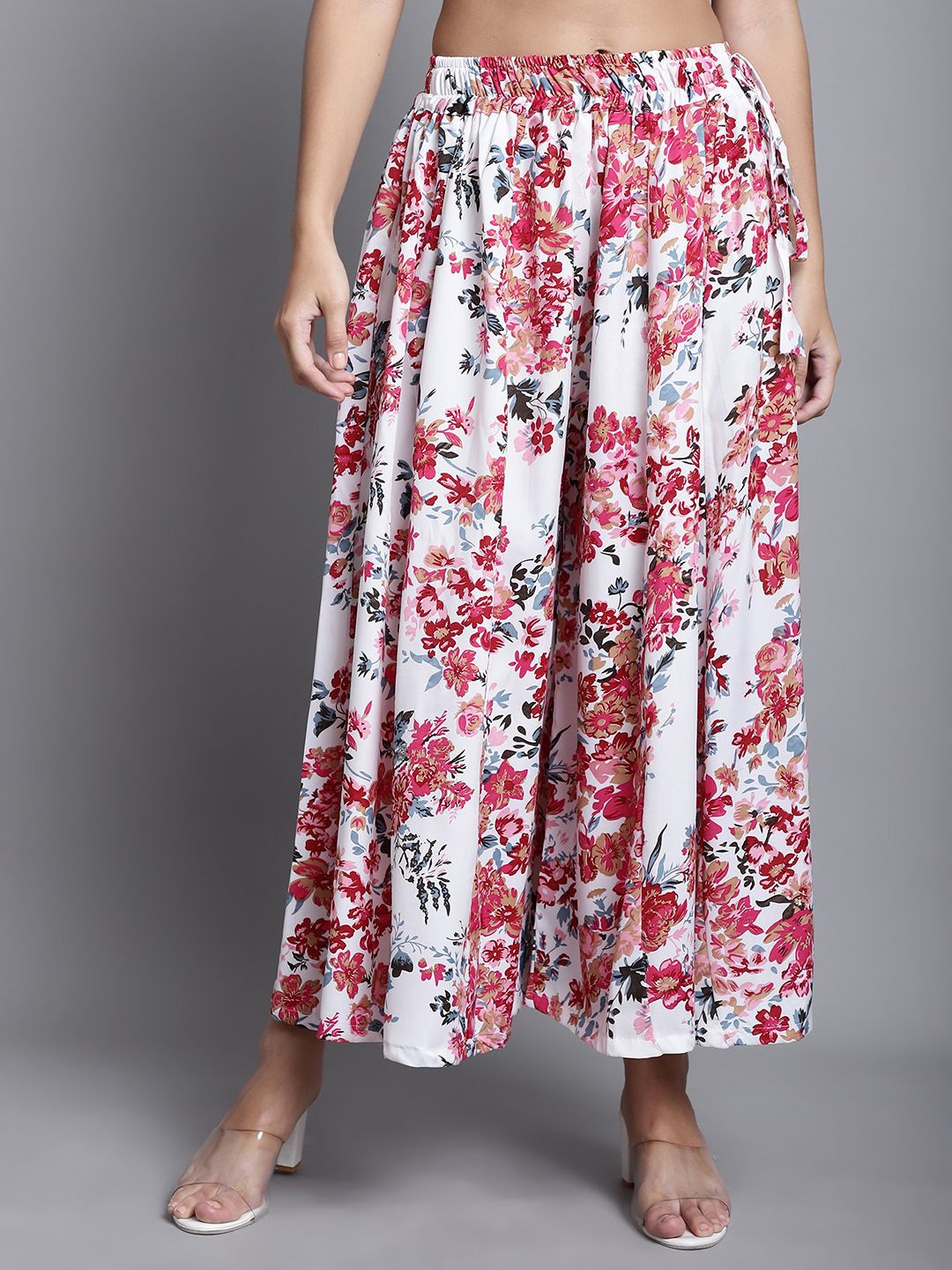 

Valles365 by S.C. Women Floral Printed Flared Crepe Palazzos, White