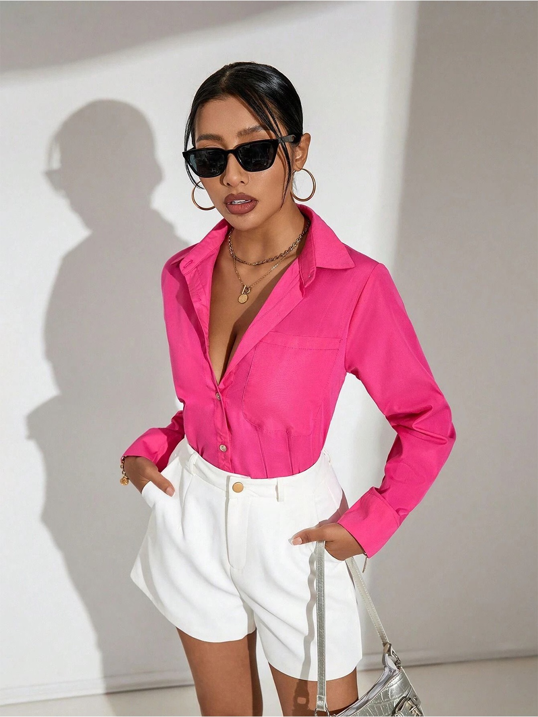 

WHY SO FAB Women Comfort Oversized Fit Spread Collar Solid Cotton Casual Shirt, Pink
