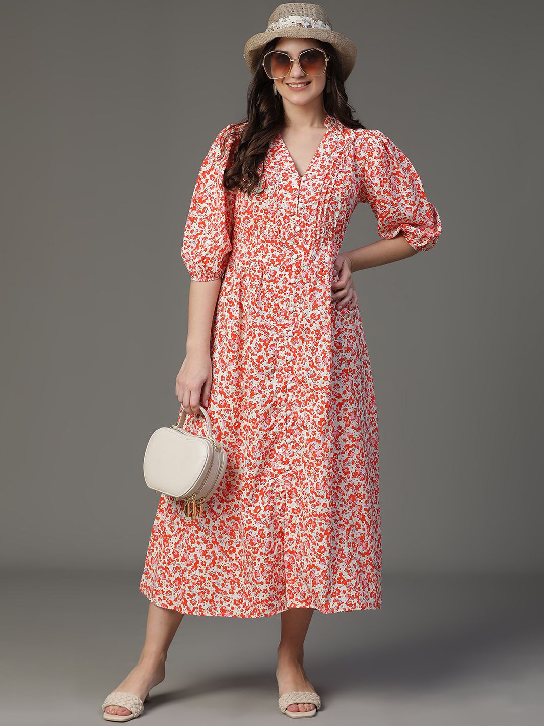 

VEGAL Women Floral Printed Cotton Fit & Flare Midi Dress, Orange