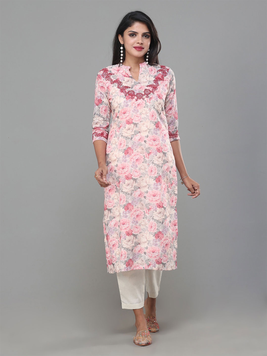 

Vismay Floral Printed Regular Thread Work Pure Cotton Kurta With Trousers, Pink