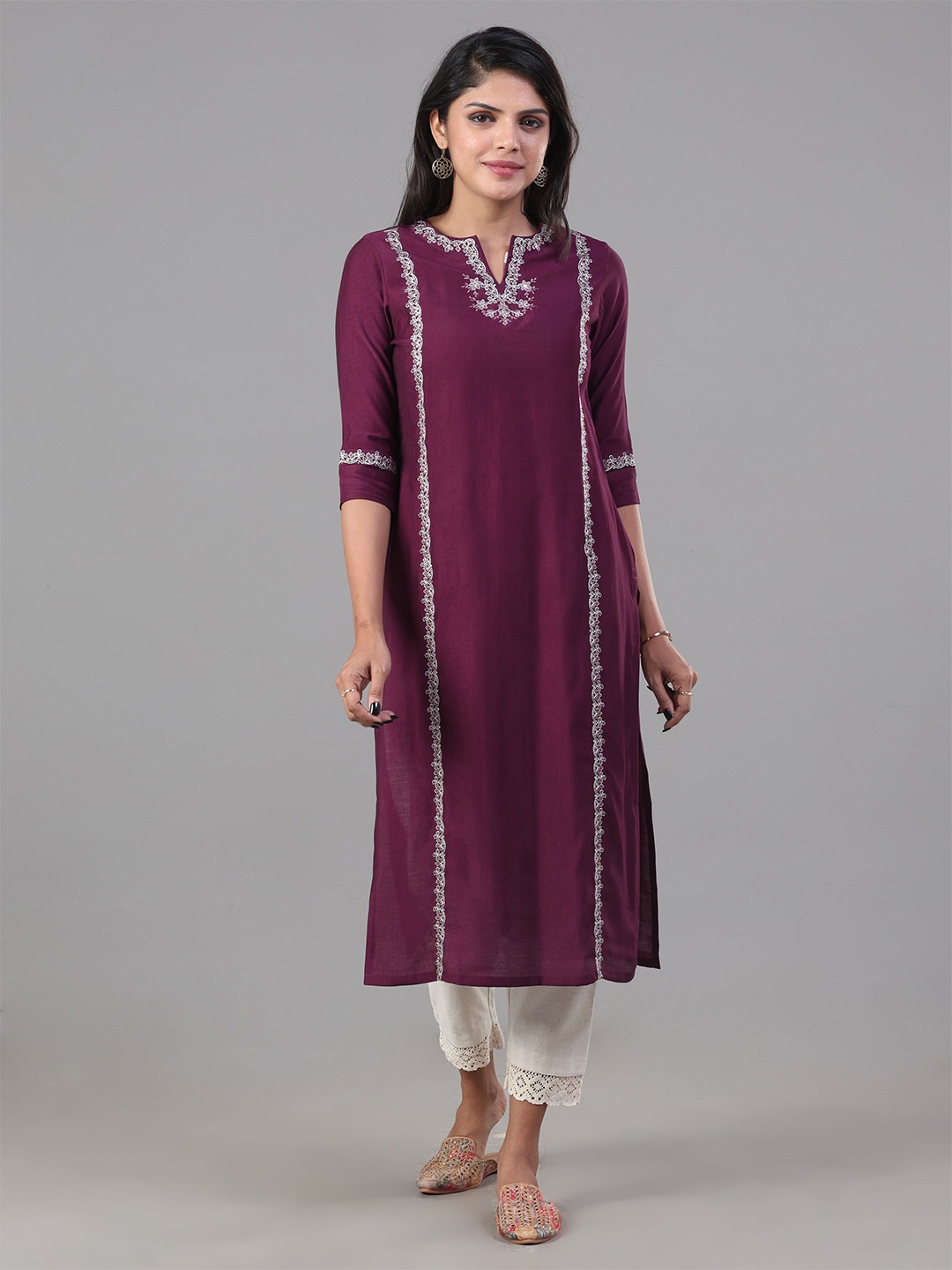 

Vismay Women Embroidered Notched Round Neck Kurtas, Purple