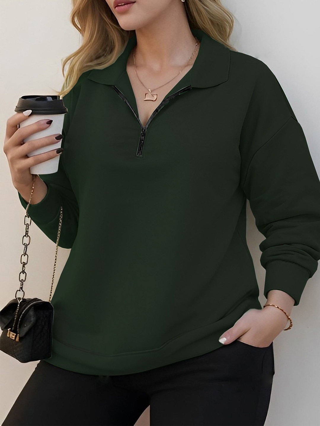 

kintu parantu Women Shirt Collar Sweatshirt, Olive