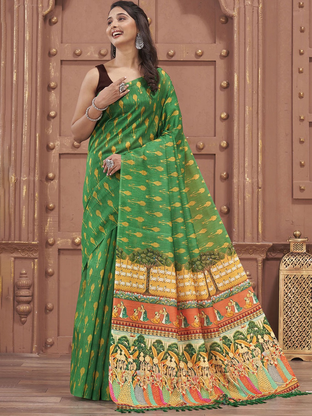 

Ekana Floral Silk Cotton Ikat Saree, Green