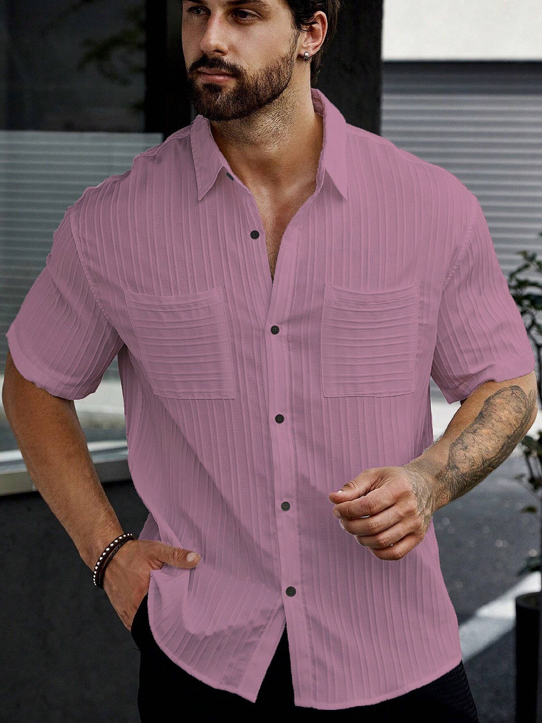 

MARMIC FAB Men Comfort Spread Collar Textured Casual Shirt, Lavender