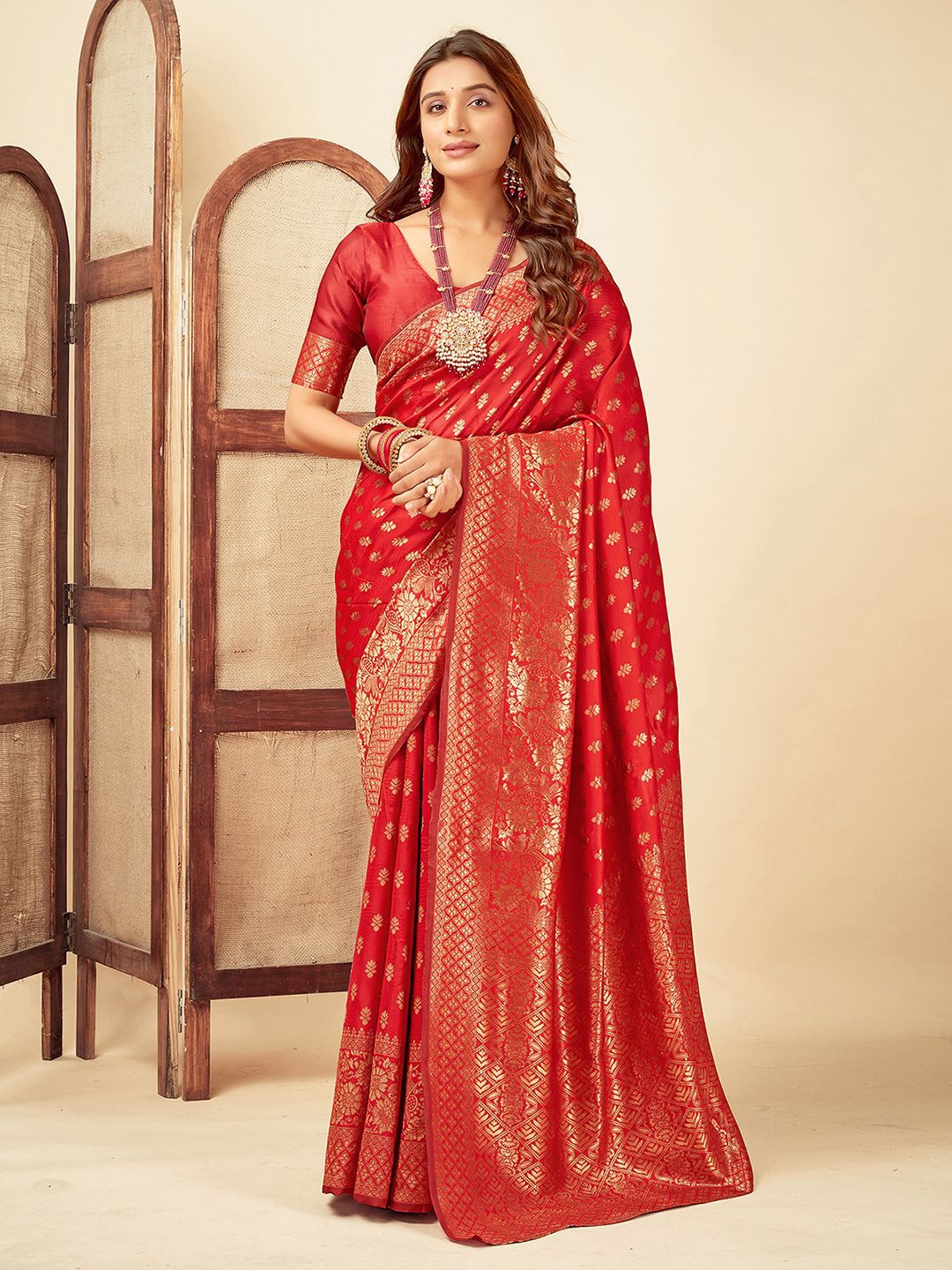 

KALINI Ethnic Motifs Zari Banarasi Saree, Red