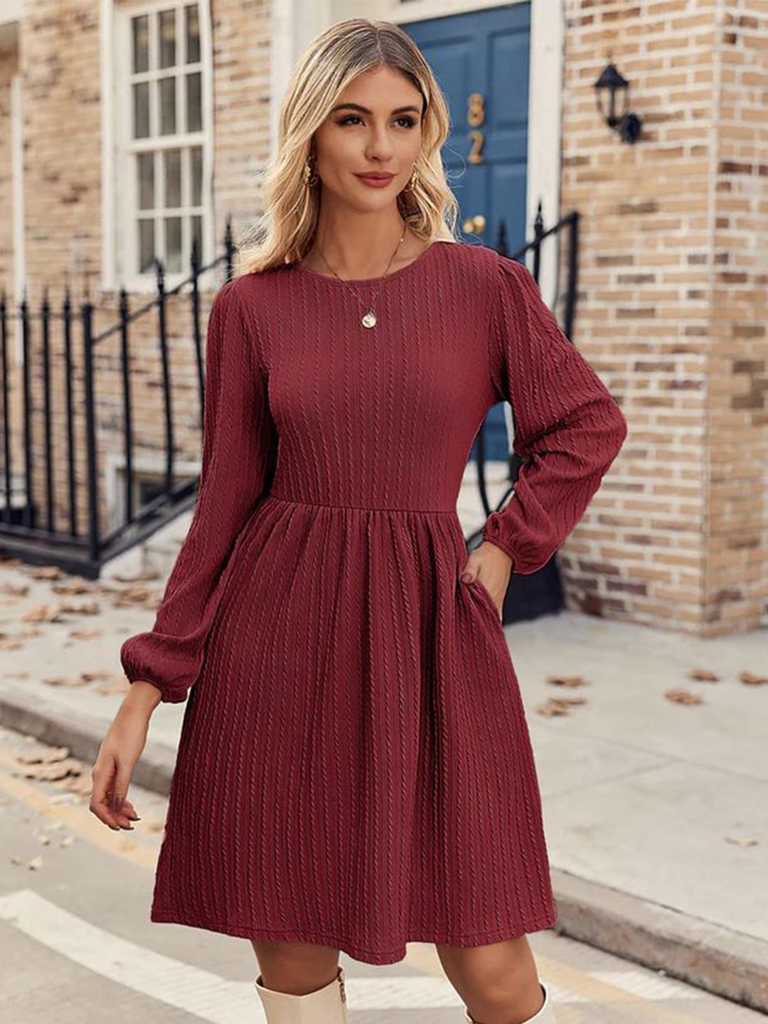 

StyleCast Satin Fit & Flare Solid Dress, Maroon