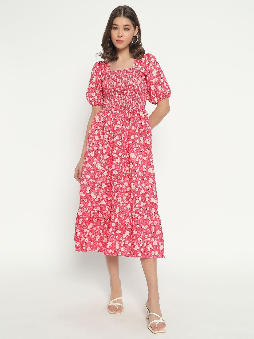 

Raiyani Enterprise Women Floral Printed Puff Sleeves Fit & Flare Midi Dress, Peach