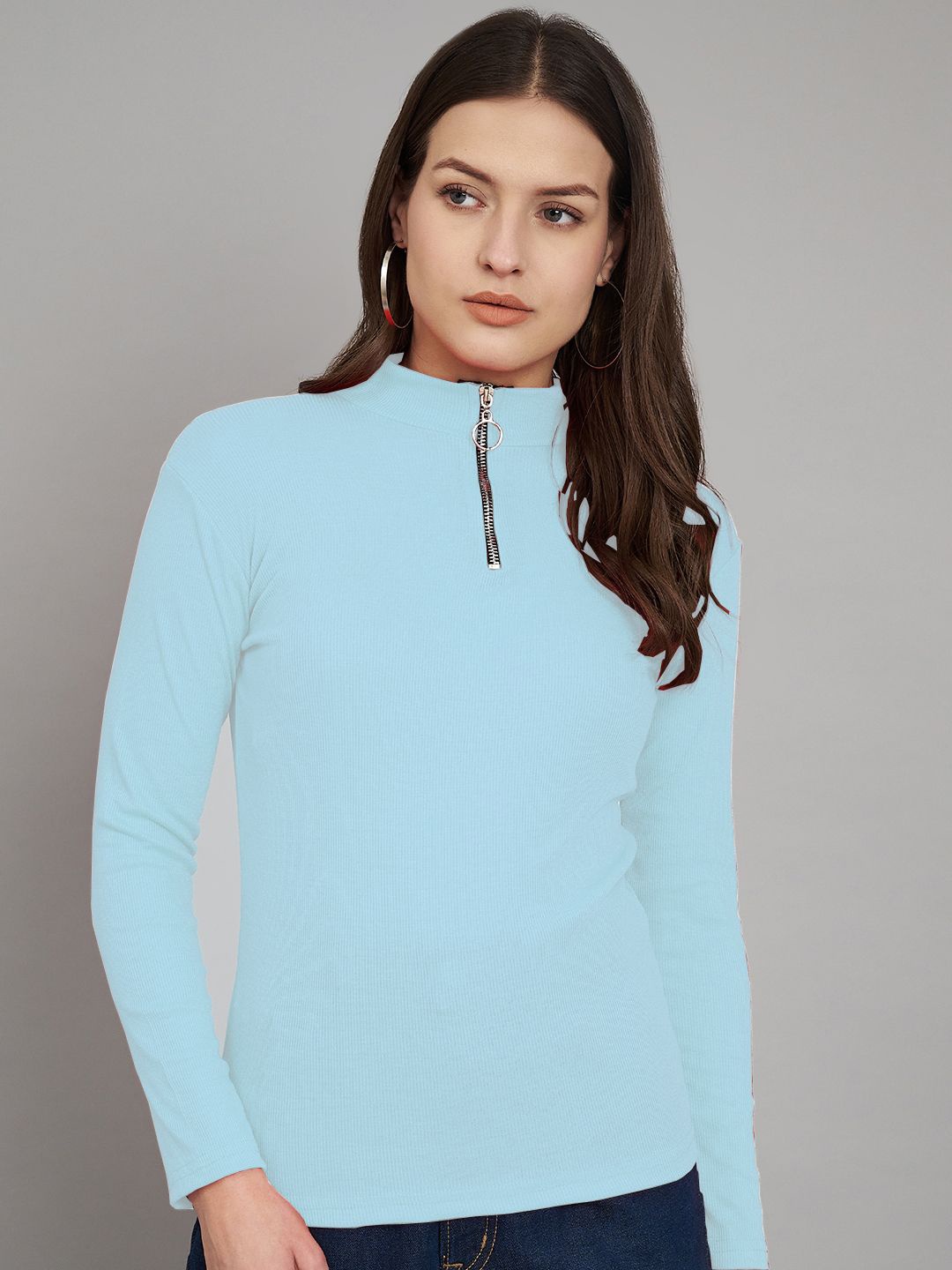 

Trend Level Women Ribbed High Neck Top, Turquoise blue