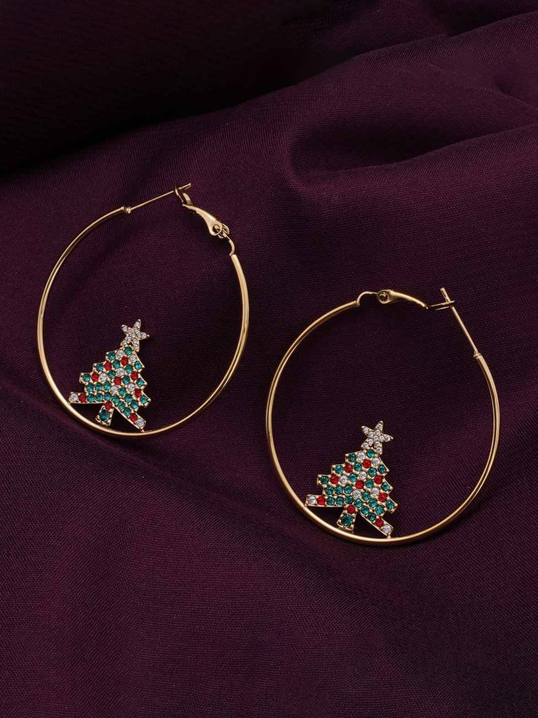 

PALMONAS Christmas Tree Gold Plated CZ Waterproof & Anti-Tarnish Circular Hoop Earrings