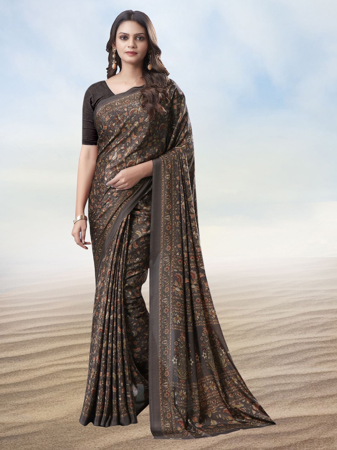 

Kasak Floral Pure Crepe Saree, Brown