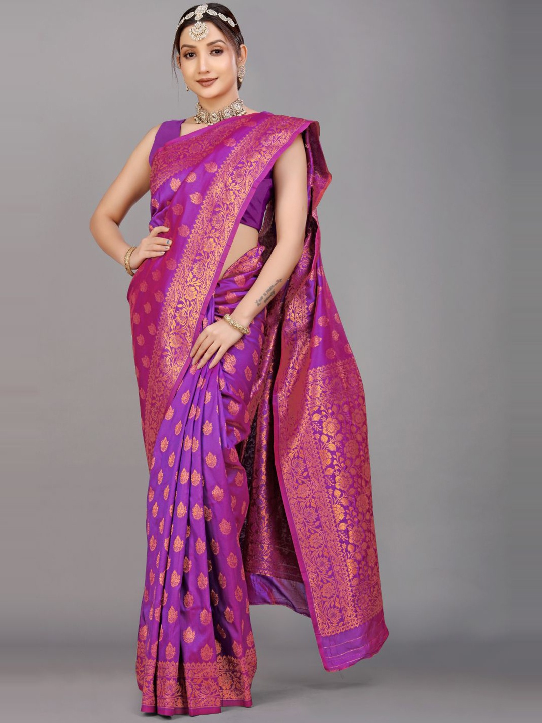 

Royal Rajgharana Saree Floral Zari Pure Silk Banarasi Sarees, Purple