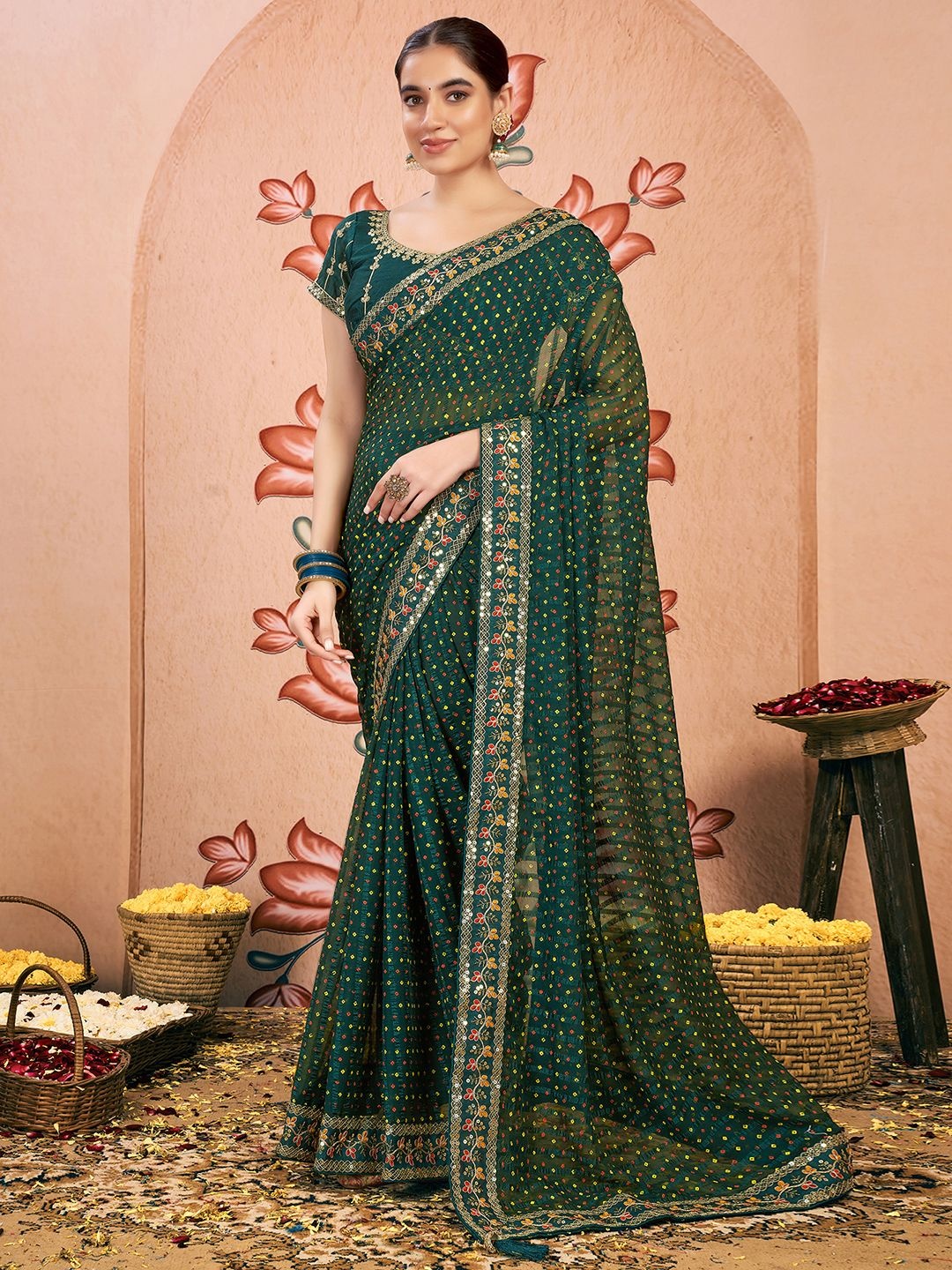 

Satrani Bandhani Embroidered Pure Chiffon Bandhani Saree, Green