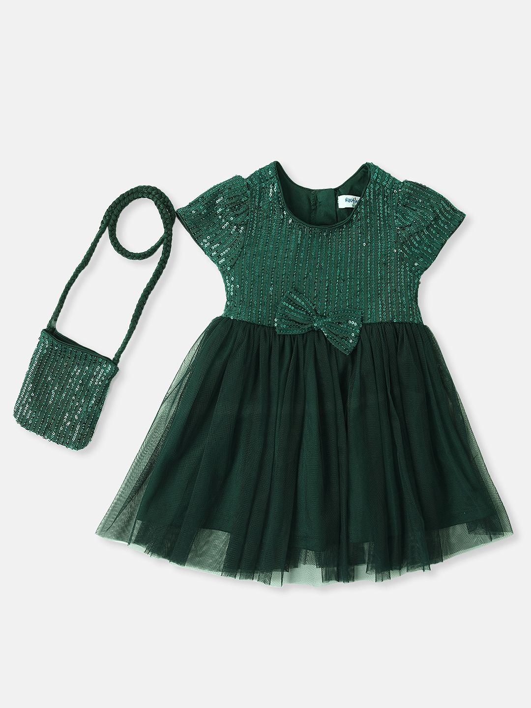 

Nauti Nati Girls Sequin Party Dress with Sling Bag, Green