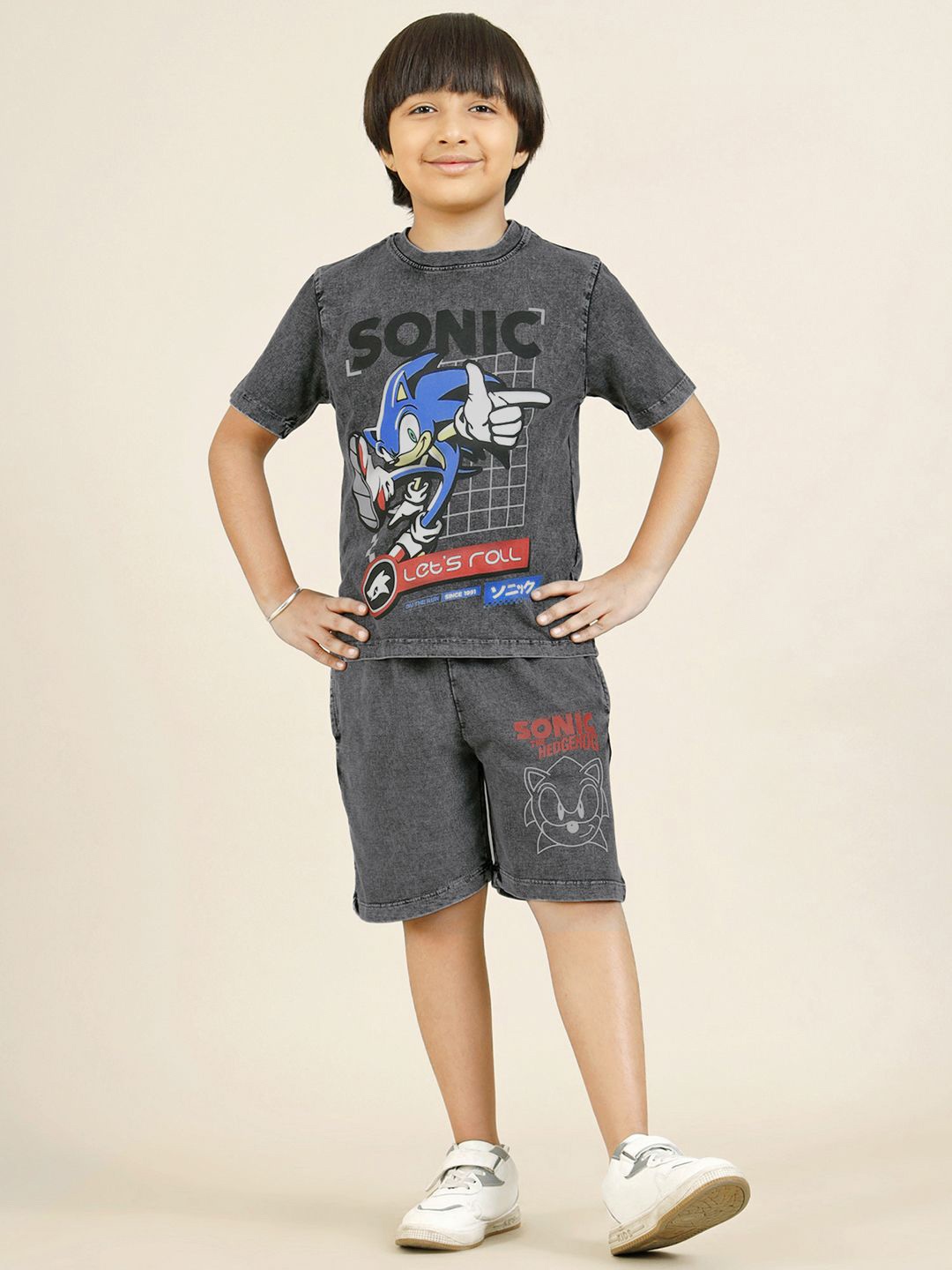 

Kids Ville Boys Printed Round Neck Pure Cotton T-Shirt With Shorts, Charcoal