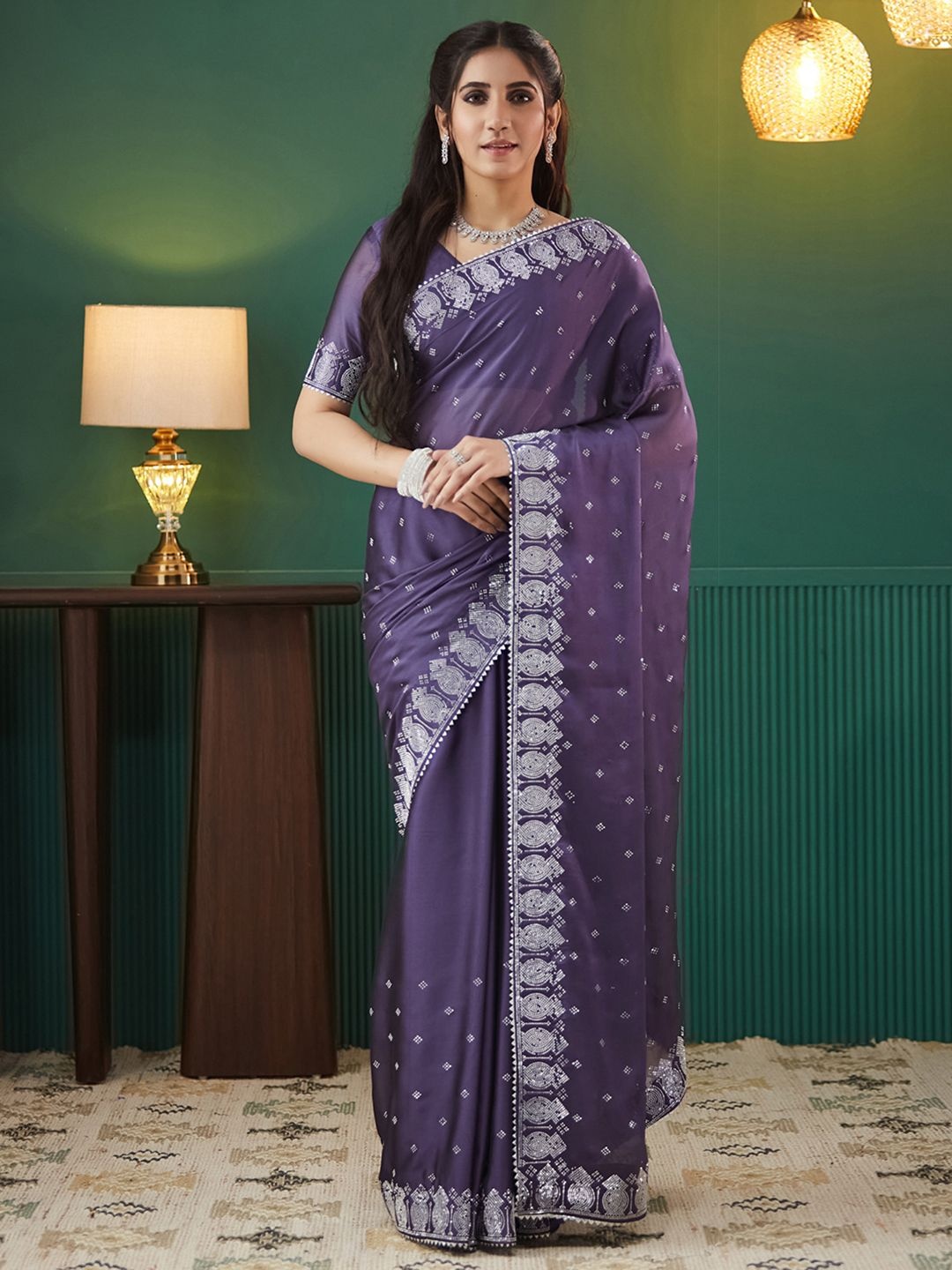 

Satrani Embellished Beads and Stones Pure Georgette Saree, Purple