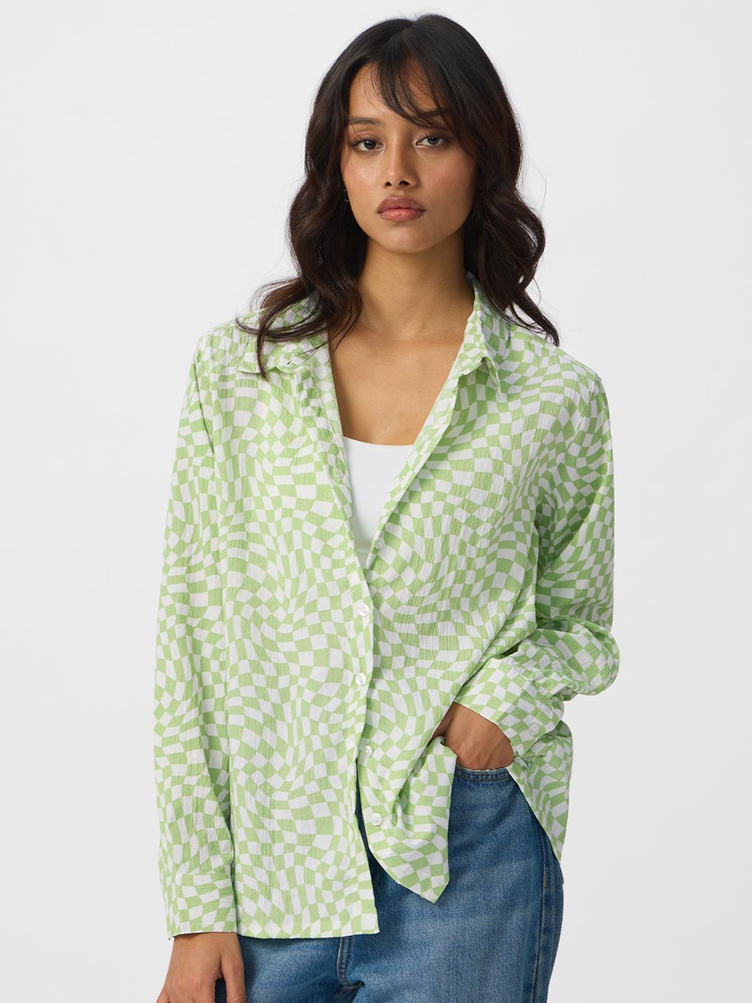 

The Souled Store Women Oversized Fit Spread Collar Geometric Printed Cotton Casual Shirt, White