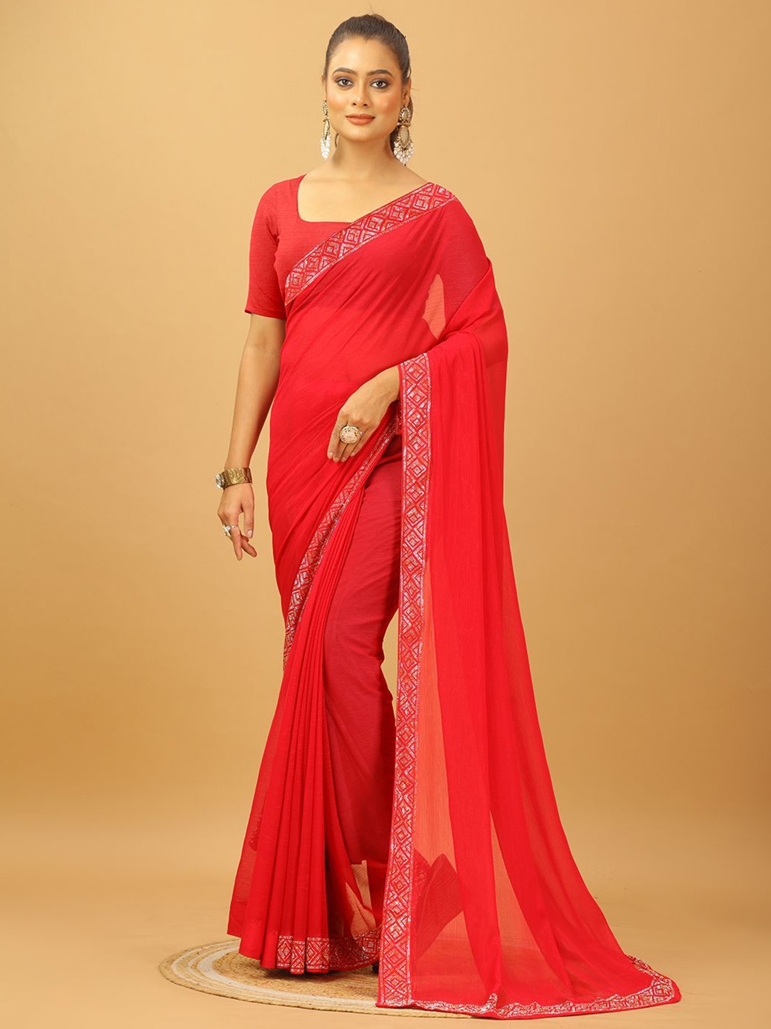 

A.V.M. SILK MILLS Beads and Stones Pure Chiffon Saree, Red