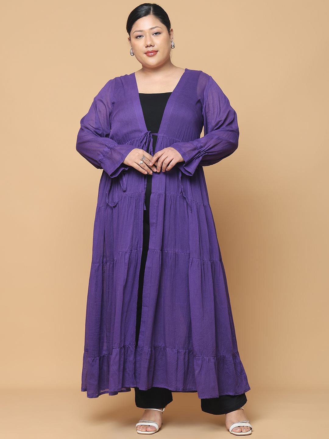 

theRebelinme Plus Size Bell Sleeves Gathers Longline Pure Cotton Tie-Up Shrug, Purple