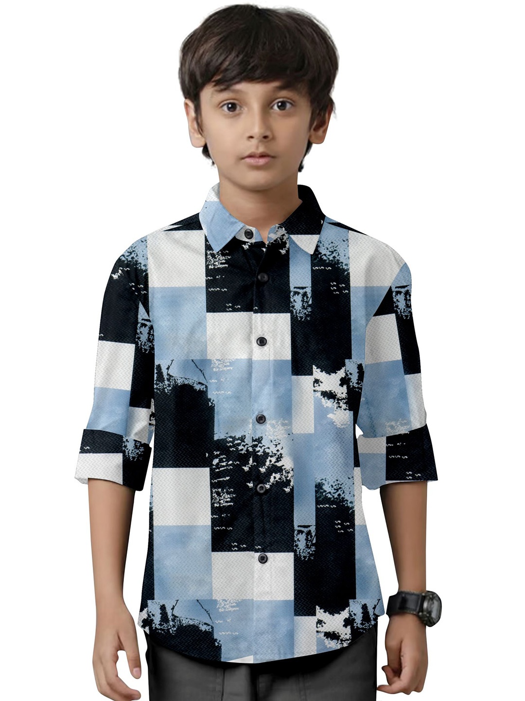 

cut & make Boys Classic Spread Collar Geometric Printed Casual Shirt, Blue