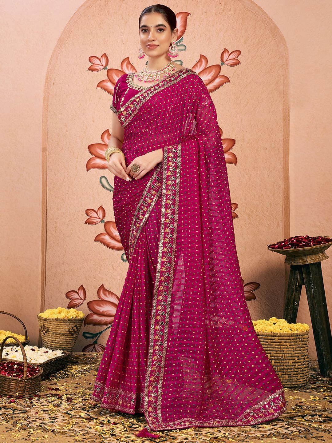 

Satrani Bandhani Printed Embroidered Pure Chiffon Bandhani Saree, Pink