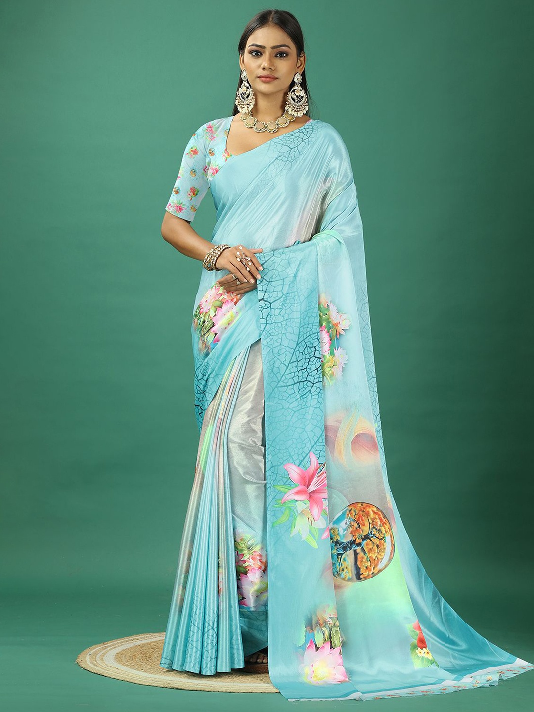 

A.V.M. SILK MILLS Floral Printed Pure Crepe Saree, Blue