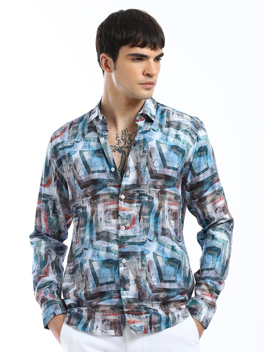 

Banana Club Men Geo Abstract Print Shirt, Blue