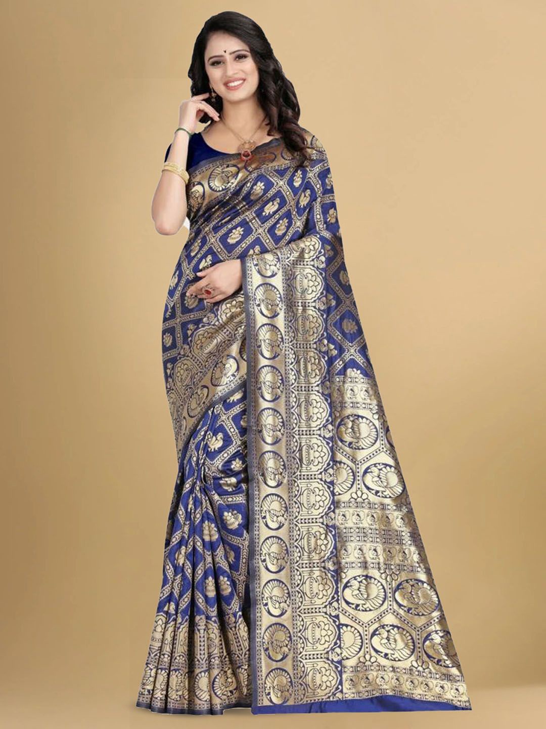 

KALINI Woven Design Zari Banarasi Saree, Navy blue