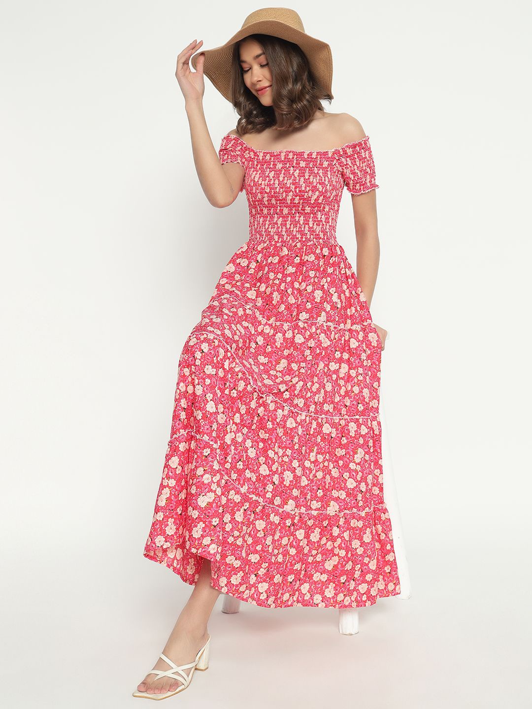 

Femvy Floral Print Applique Fit & Flare Maxi Dress, Peach