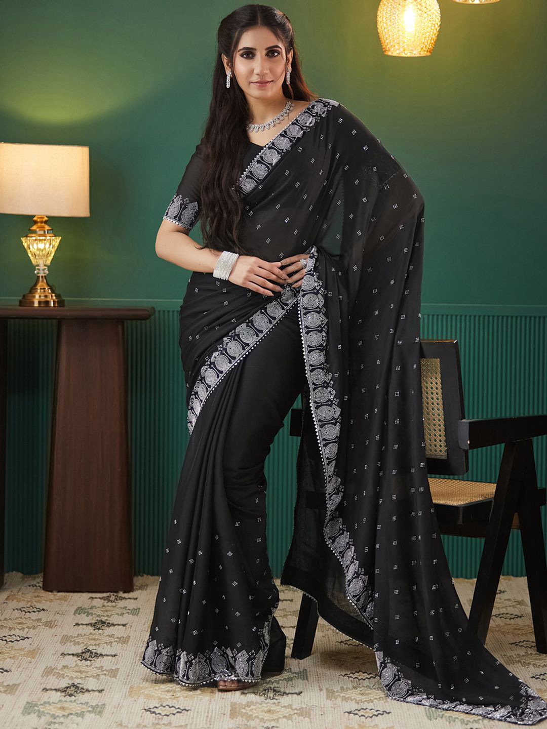 

Satrani Embellished Beads and Stones Pure Georgette Saree, Black
