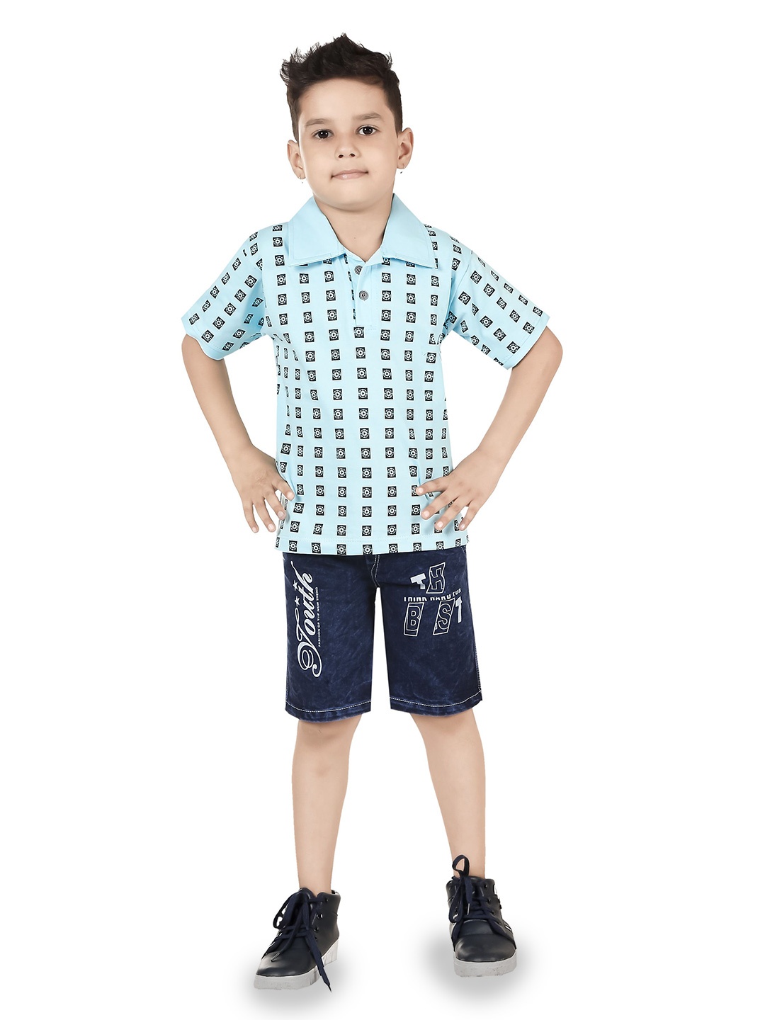 

LUCII Boys Printed Shirt Collar T-Shirt With Shorts, Blue
