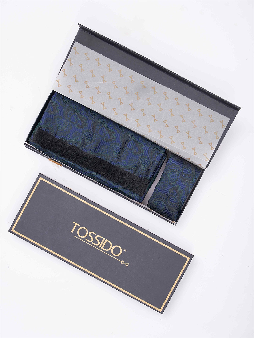

Tossido Men Woven Design Stole & Pocket Square Set, Blue