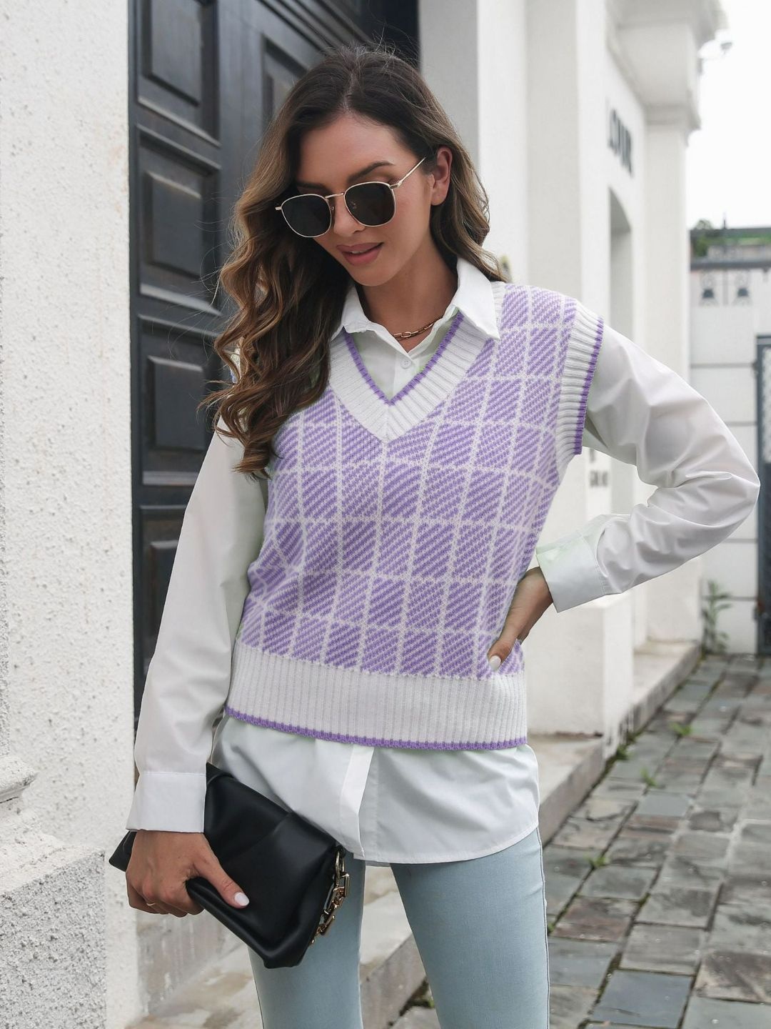 

Oh Rare Women Checked V-Neck Sweater Vest, Purple
