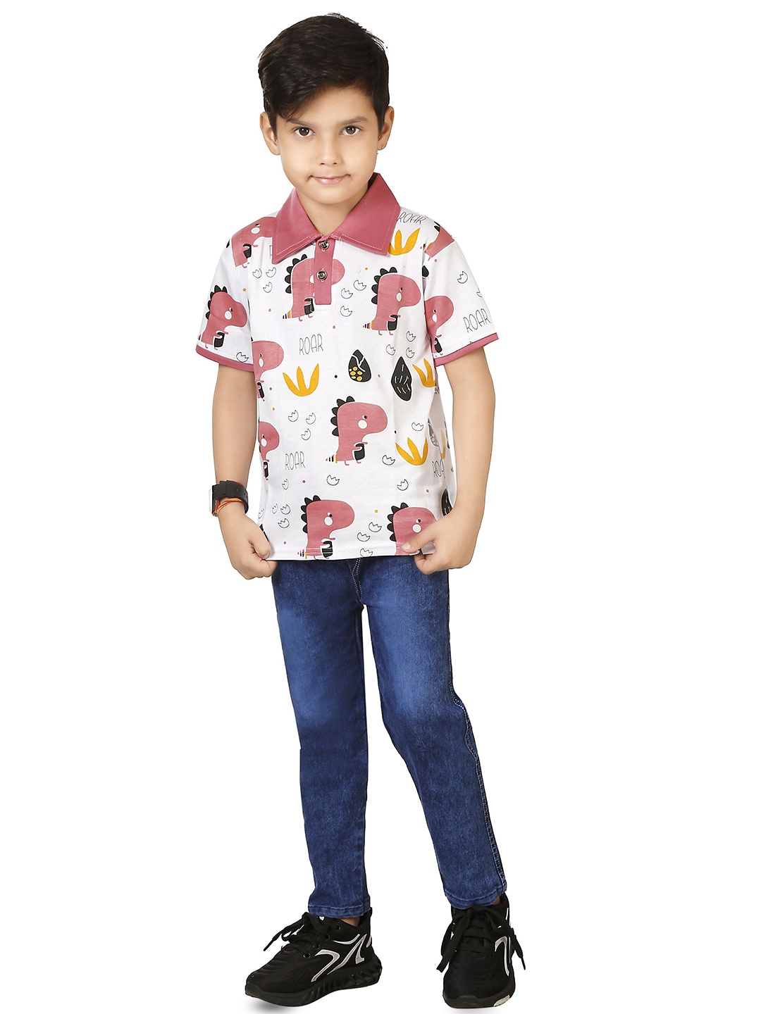 

LUCII Boys Printed Shirt Collar T-shirt With Jeans, Pink