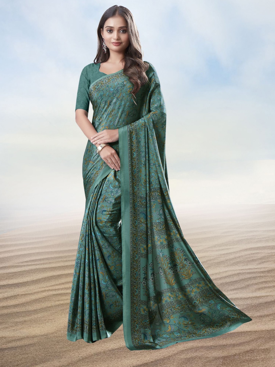 

Kasak Floral Printed Pure Crepe Saree, Blue