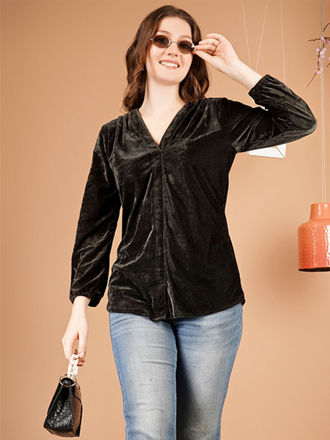 

UNLOKALE Women V-Neck Velvet Blouson Top, Brown