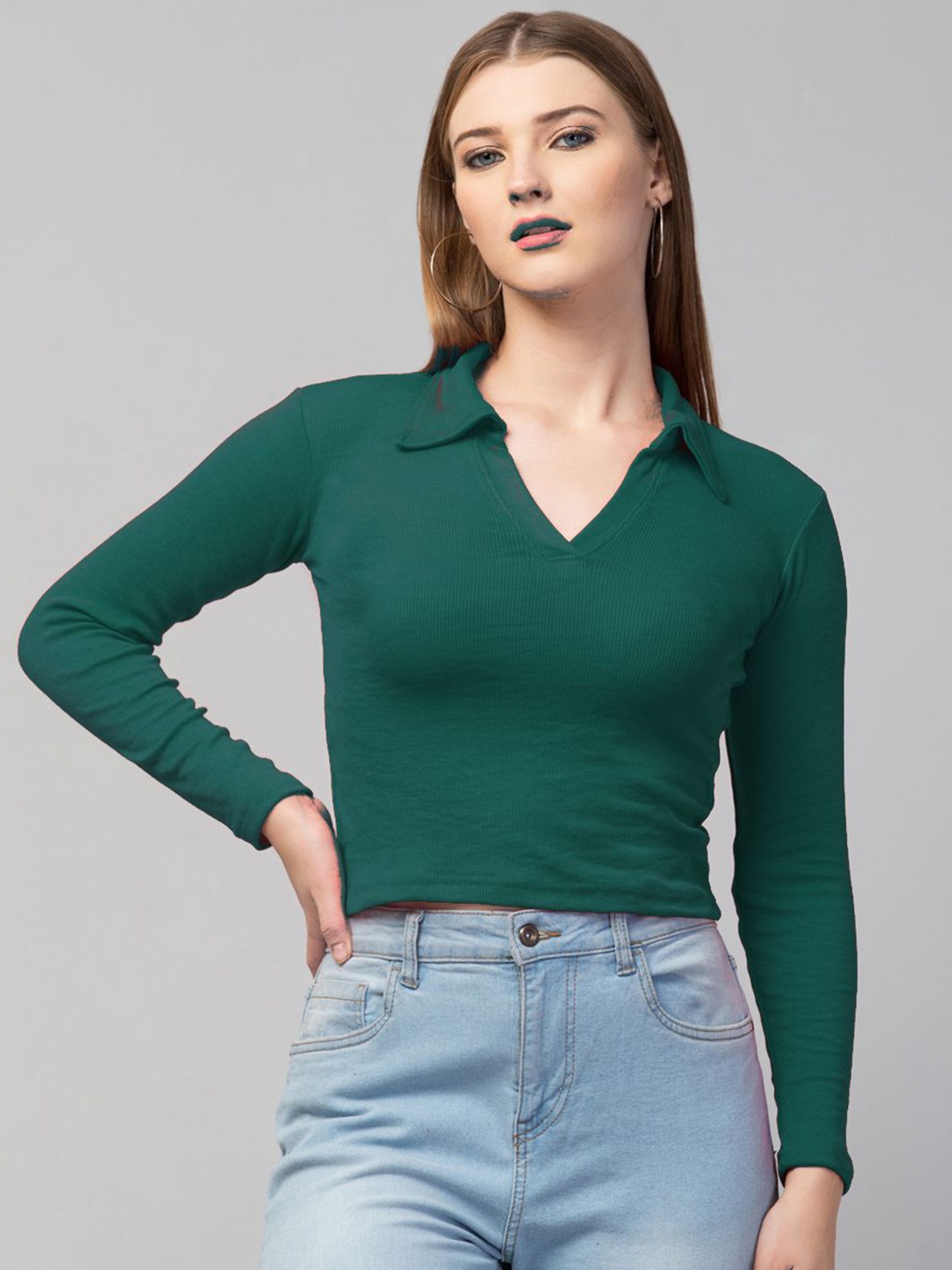 

Trend Level Women Ribbed Shirt Collar Fitted Crop Top, Green