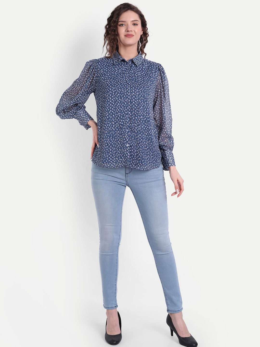 

MINGLAY Printed Chiffon Shirt Style Top, Blue